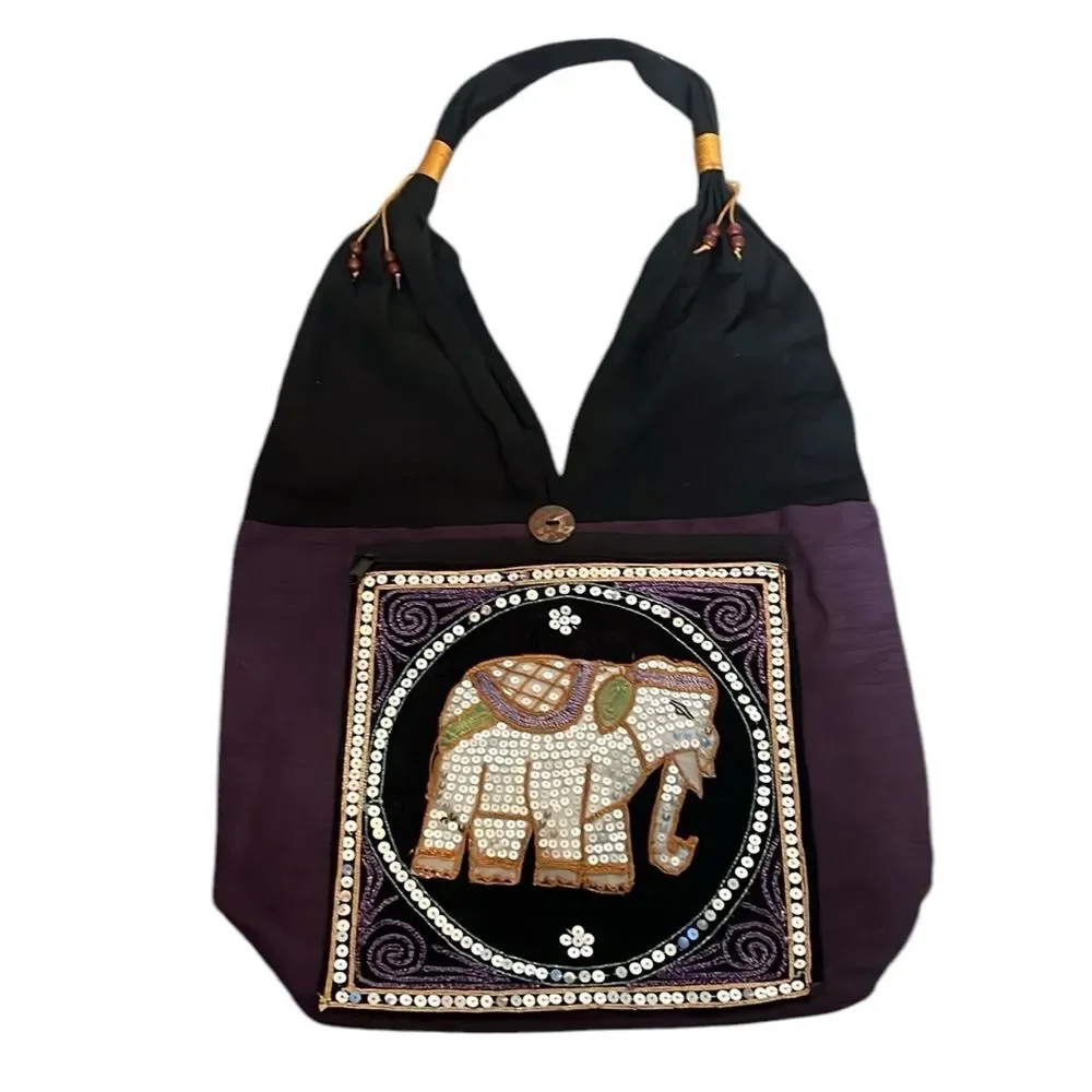 Embroidered Sequin Elephant Purse Shoulder Bag Tote Elephant Thailand Hobo Beads